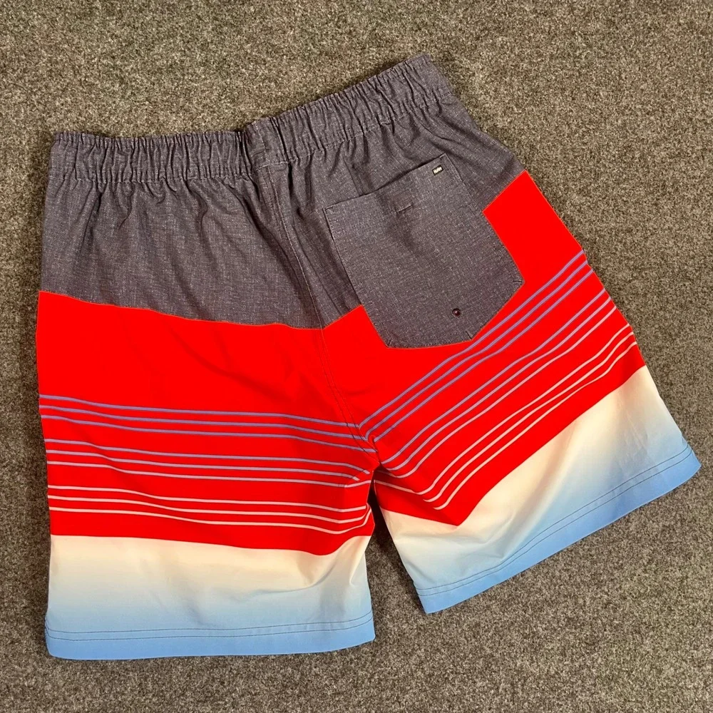 Hurley Mens Board Shorts Medium Red Blue Ombre Striped Swim Trunks Elastic Waist